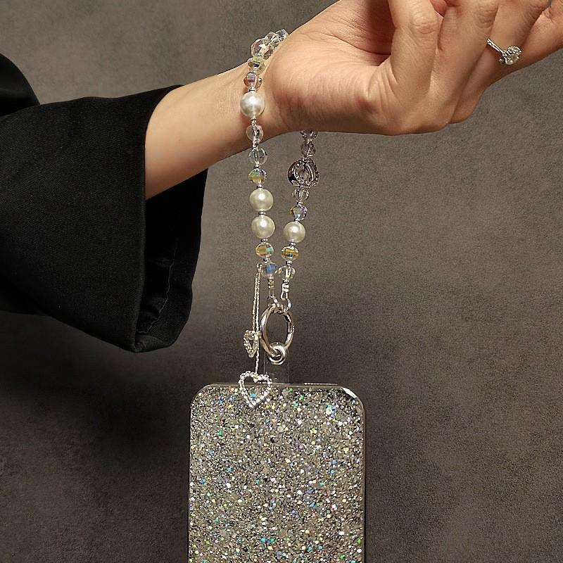 Fashion Luxury Pearl Crystal Phone Chain With Heart Pendant For Women And Men