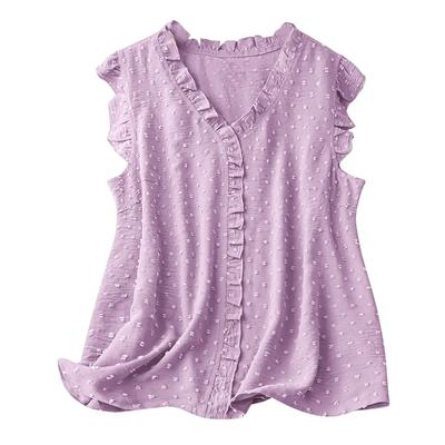 Summer Vest Blue Pink Solid V Neck Sleeveless Tanks Tops Women Casual Ball Fabric Ruffle Blouse