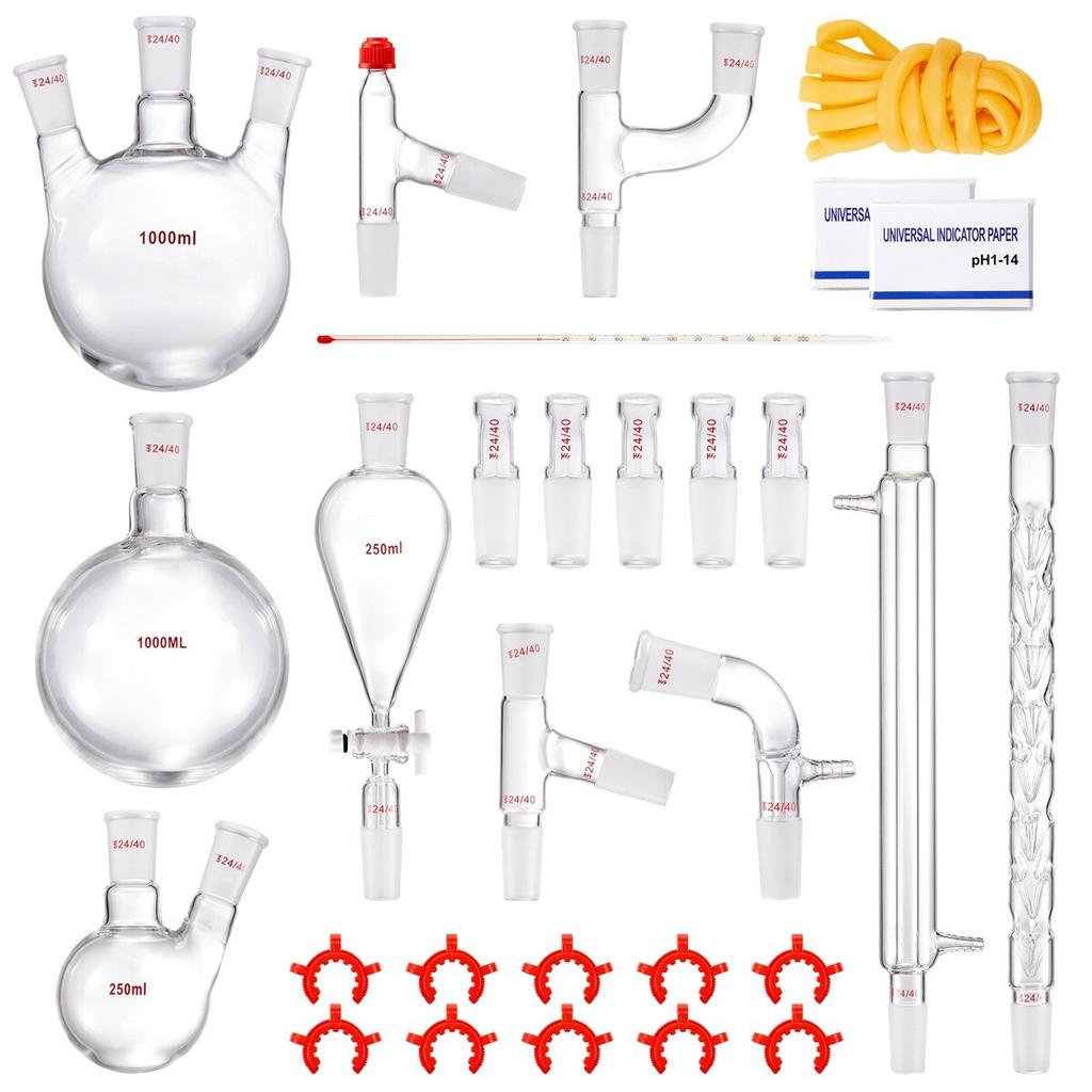 Lab Distillation Kit, 3.3 Boro Lab Glassware Distillation Kit with 24, 40 Joint, 1000ml Essential Oil Distillation Apparatus Kit, 29 Pcs Set of