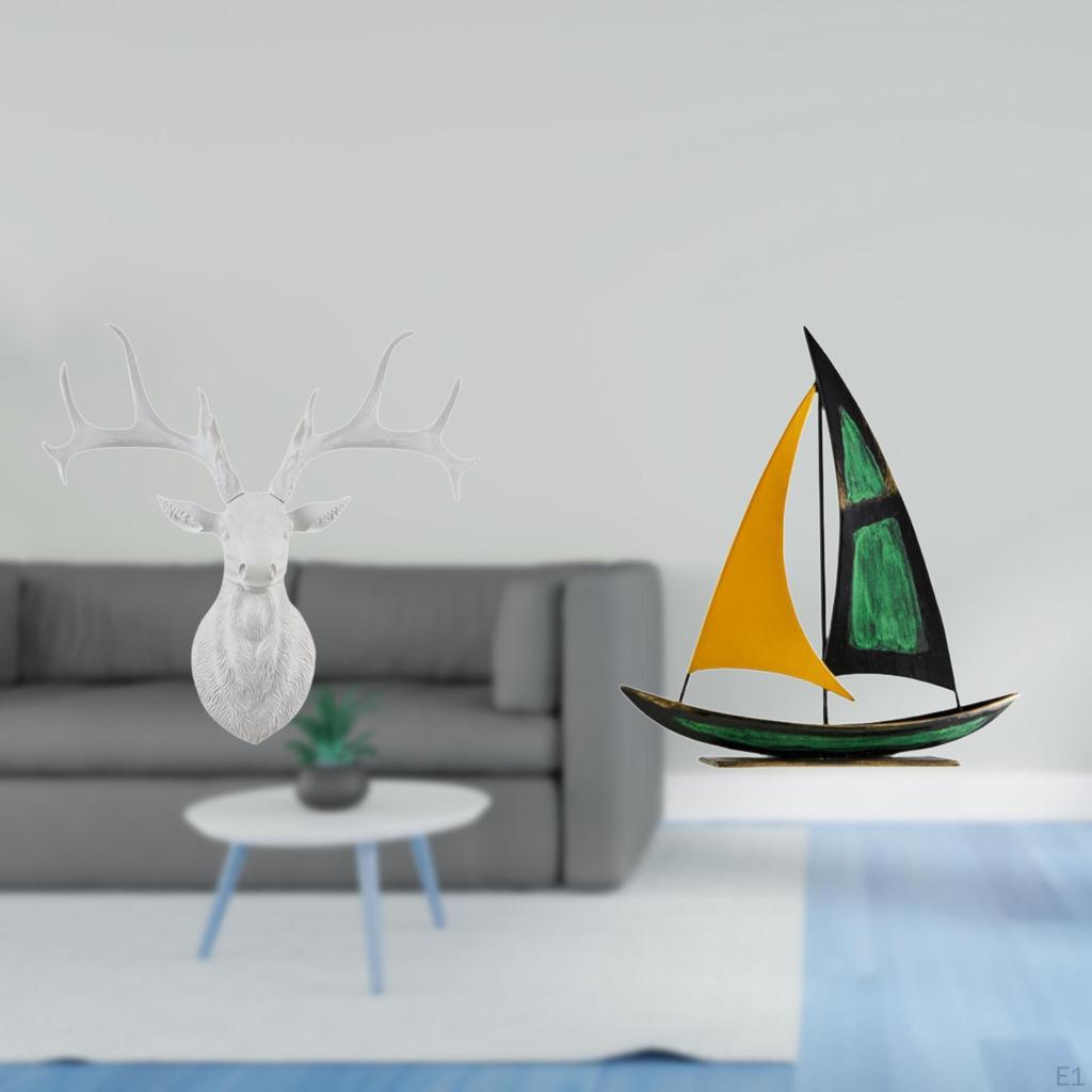 Majestic Deer Head Resin Wall Sculpture And Iron Sailboat Tabletop Ornament Boho Feng Shui Decor for