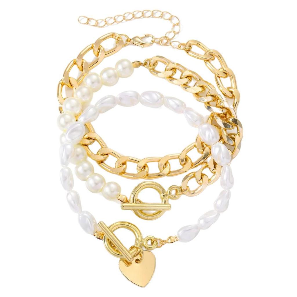 Versatile Pearl & Heart Chain Bracelet Set - Unisex Punk Retro Style