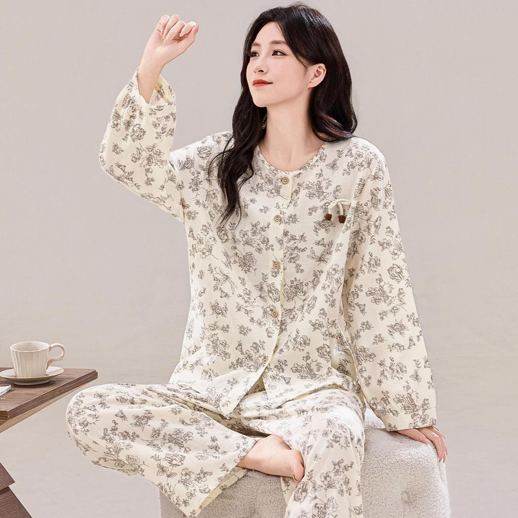 2025 Damen Herbst Baumwoll-Pyjama-Set: Langärmlig, Lange Hose, Doppellagiger Mull-Cardigan für Mama