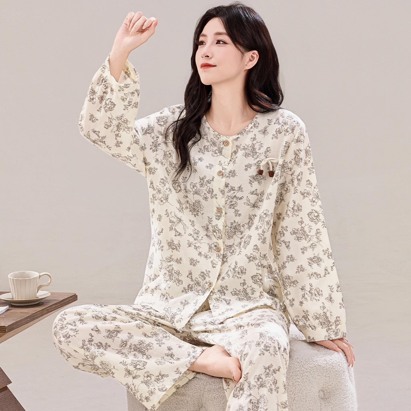 

Женский пижамный комплект из чистого хлопка на осень 2025 года - С длинным рукавом, Принт в национальном стиле, Двухслойная марля, Кардиган и брюки XXL