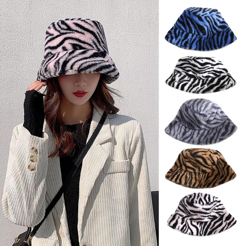 Caps with Flat Top for Warm Keeping Fuzzy Caps with Full-Covered Zebra Grain Decoration Hats Unisex Women Men