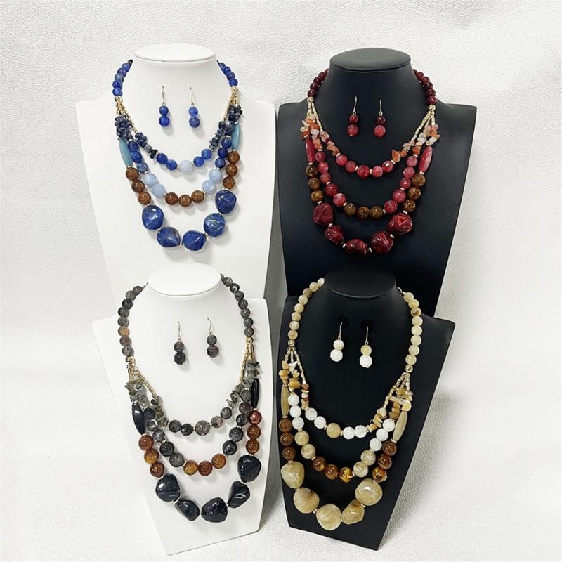 Layering Beaded Collarbone Necklace Set with Matching Earrings Fashionable Multi Strand Acrylic Jewelry For Women