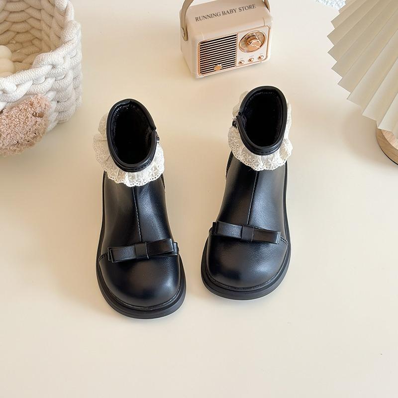 

Elegant White Lace Ruffles Hem Children Platform Boots for Kids Girl Warm Velvet Princess Short Boots Shoes with Bow-knot I10085 23 чорний