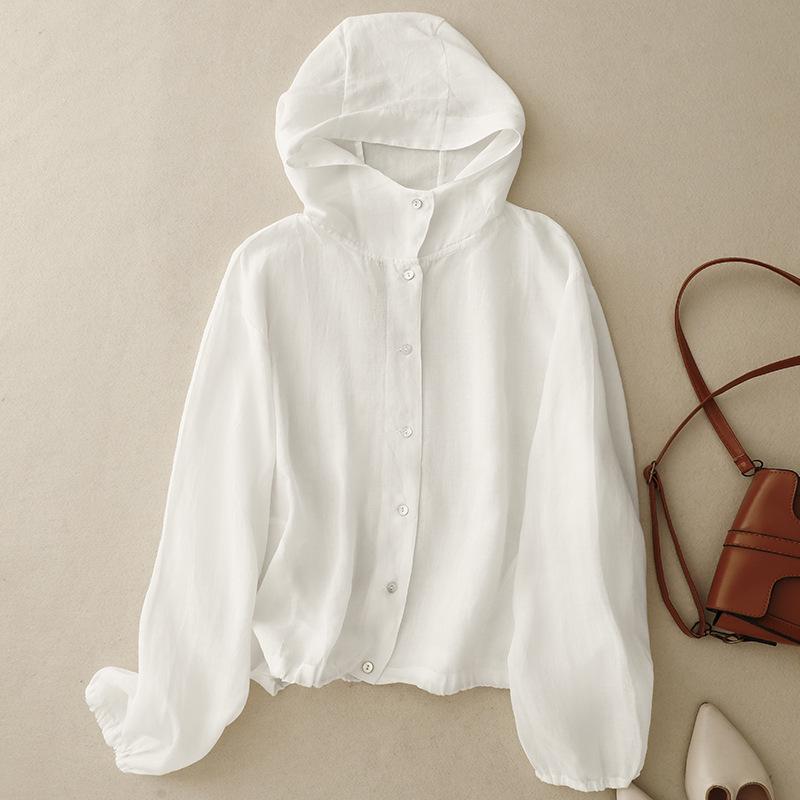 

2026 Summer Cotton Linen Hooded Jacket: Loose, Plus Size, Long Sleeve Sun Protection Shirt L білий