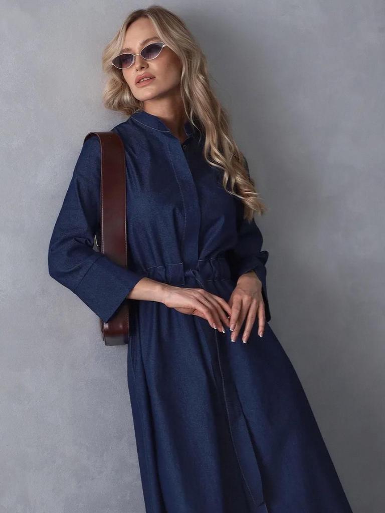 Seven-Sleeve Stretch Denim Maxi Dress with Stand-Up Collar and Hidden Buttons - Autumn 2025 Women's Wear