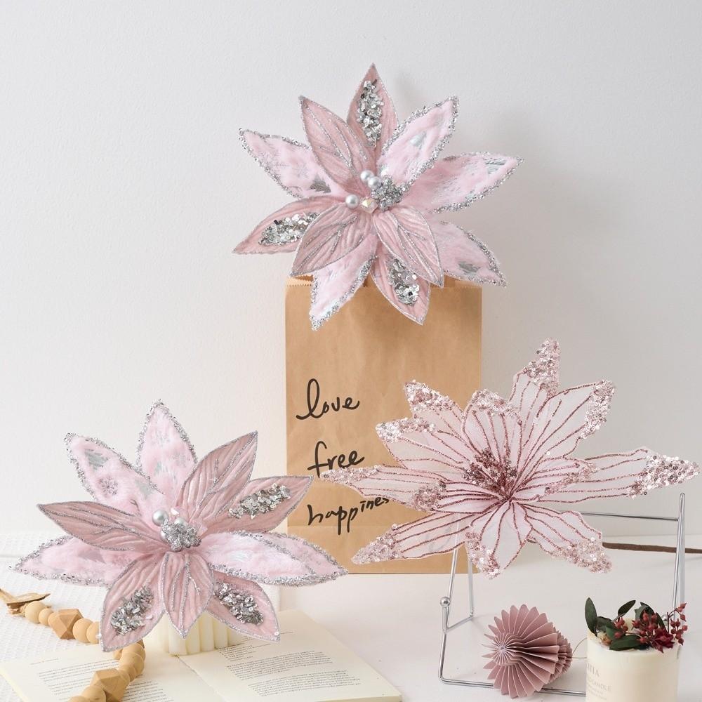 Glitter Artificial Poinsettia Flower Pink Sequins Flower  Christmas Decoration