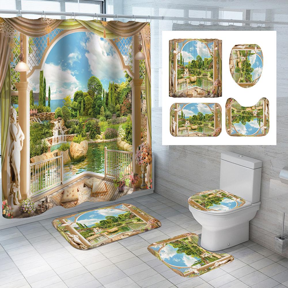 Beach Scenery Pattern Waterproof Polyester Bathroom Curtain With Hooks Anti-Slip Bath Carpet Mat Lid Toilet Cover Home Decor