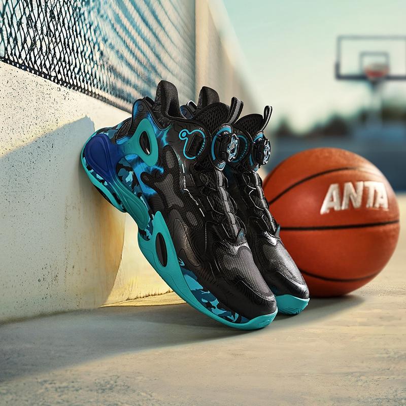 Anta Kids Thunderbolt Slip-On Rotating Buckle Non-Slip Wear-Resistant High-Top Basketball Shoes Men Basketball Shoes Black Green 312441107-1