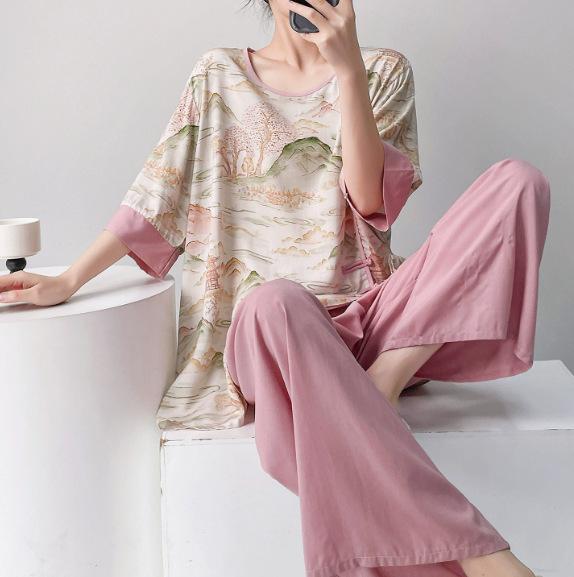Hanfu pajamas women's spring summer new Chinese-style cotton and silk suit cotton silk medium-sleeved loose loungewear can be worn thin