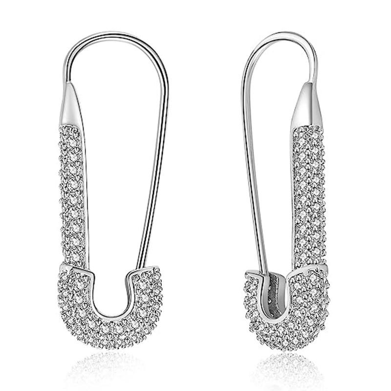 Full Paved Clear Stone Safety Pin Shape Hook Drop Earrings Punk Trendy Women Ear Jewelry