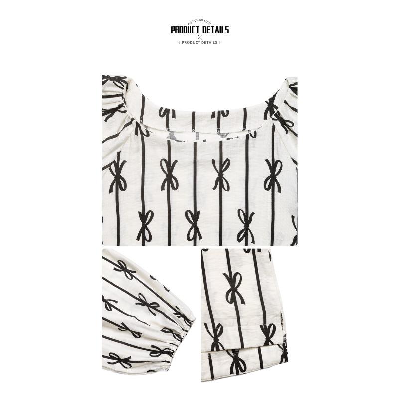 Women's Summer New Sweet Simple Bubble Sleeve Square Collar Bow Line Shirt