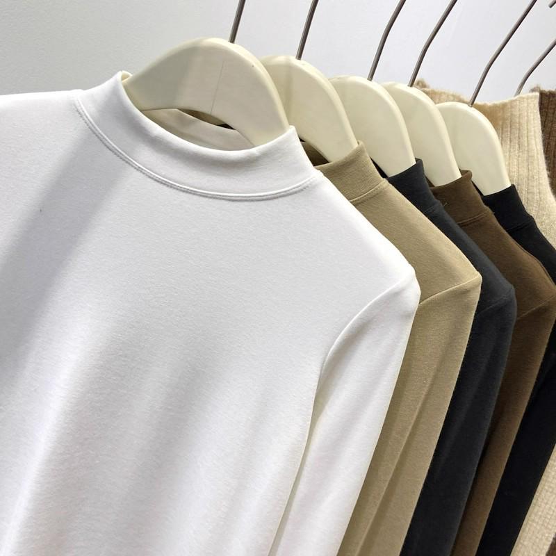 Women's Slim Fit Fleece-Lined Stand Collar Shirt, Brushed Thin Fleece, Long-Sleeve T-Shirt, Autumn/Winter 2025