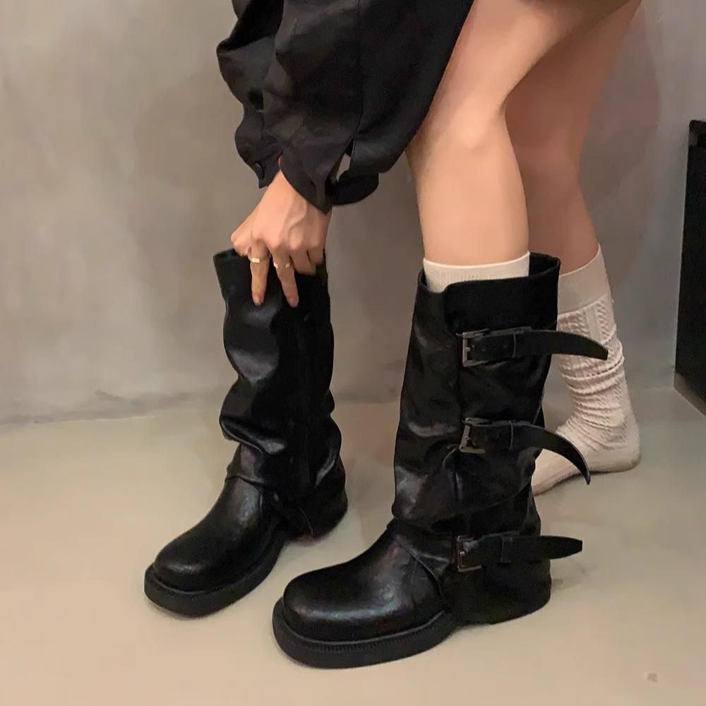 Comemore Vintage Chunky Heel Mid Thigh Boots Western Cowboy Stacked Shoes for Women Early Autumn Black Leather Mid Calf Botas