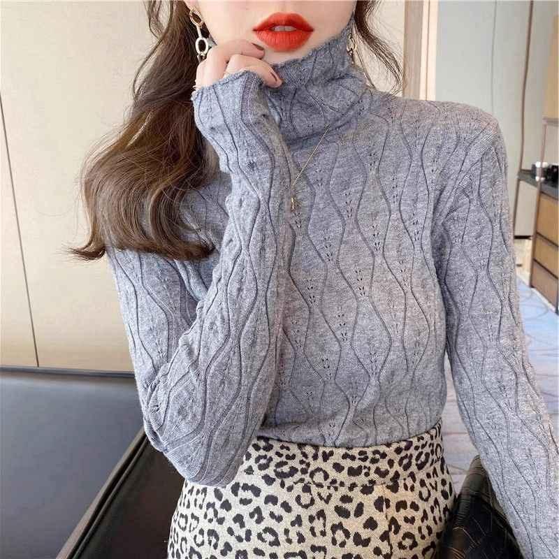 New Turtleneck Long Sleeved Fashion Pullover Sweater Pile Collar Women Basic Shirt Autumn Winter Inner Hollow Out Knitted Sweaters Slim Fit Thin Top