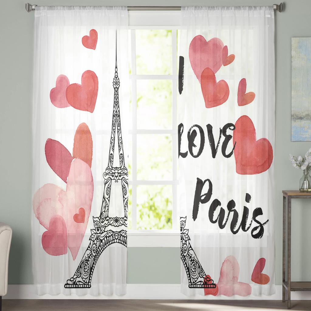 Red Love Eiffel Tower Tulle Curtains For Living Room Decoration Modern Chiffon Sheer Voile Kitchen Curtain