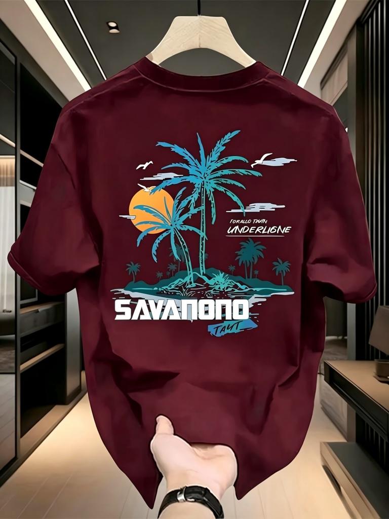 New Unisexs Summer Beach Coconut Tree Letter Printed Machine Wash Comfortable Breathable Round Neck Tshirt Outdoor Casual Top