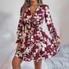 Otoño Invierno Mujer Encaje Estampado Cintura Alta Manga Larga Vestido Plisado Moda Elegante