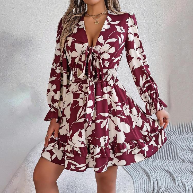 Autumn Winter Women Lace Up Print High Waist Long Sleeve Pleated Dress Elegant Fashion