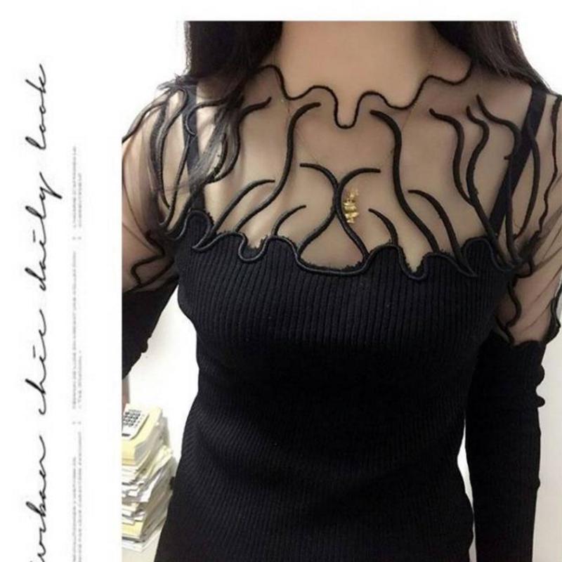 Pofulove Fashion Σέξι κεντημένο πουλόβερ με δαντέλα πουλόβερ πουκάμισο με κάτω μέρος Κοίλο πουλόβερ