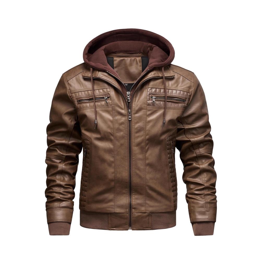 Men's Plus Size PU Leather Motorcycle Jacket with Detachable Hood and Fleece Lining - European & American Trend
