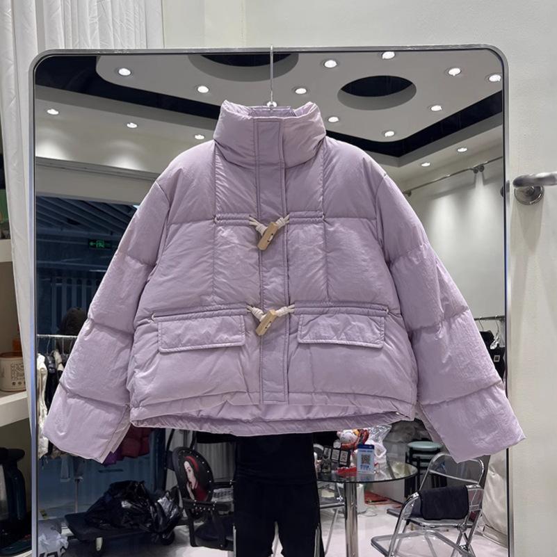 New college style women's short down jacket fashion stand-up collar square wooden buckle bread jacket