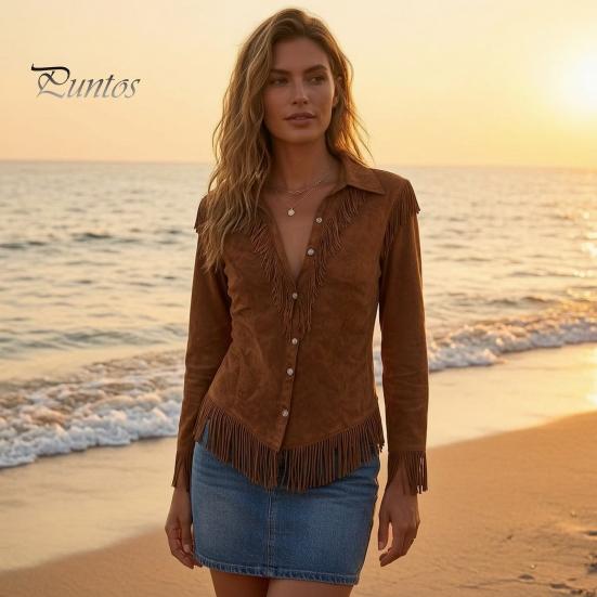 Women Tassel Shirt for Autumn, Button Down Slim Fit Fringe Long Sleeve Top Blouse, Solid Color Casual Top, Western Cowgirl Outfit Elegant Date