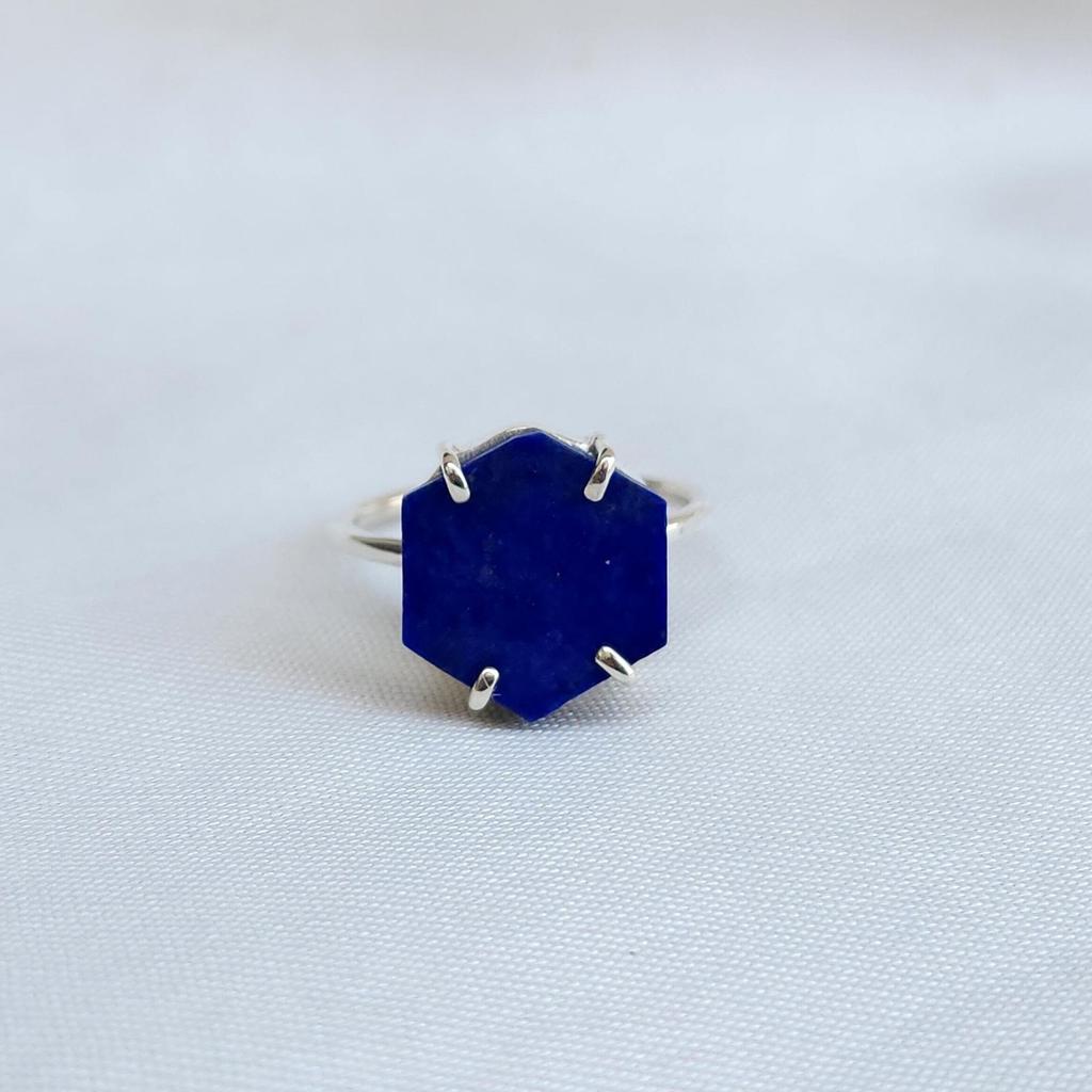 Hexagon Prong Set Lapis Lazuli 925 Sterling Silver Ring Jewelry, Handmade Lapis Ring Jewelry