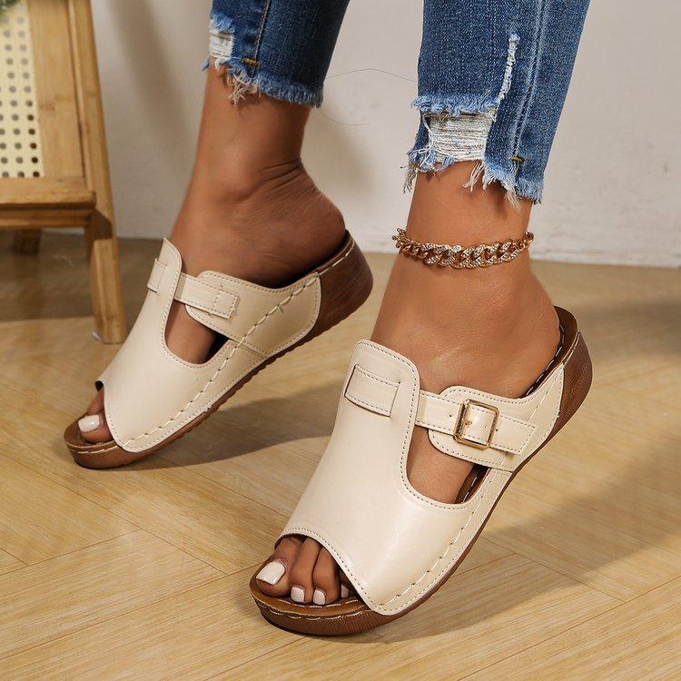 

New summer women s platform slippers fish mouth wide strip with slope heel casual beach cool slippers 43