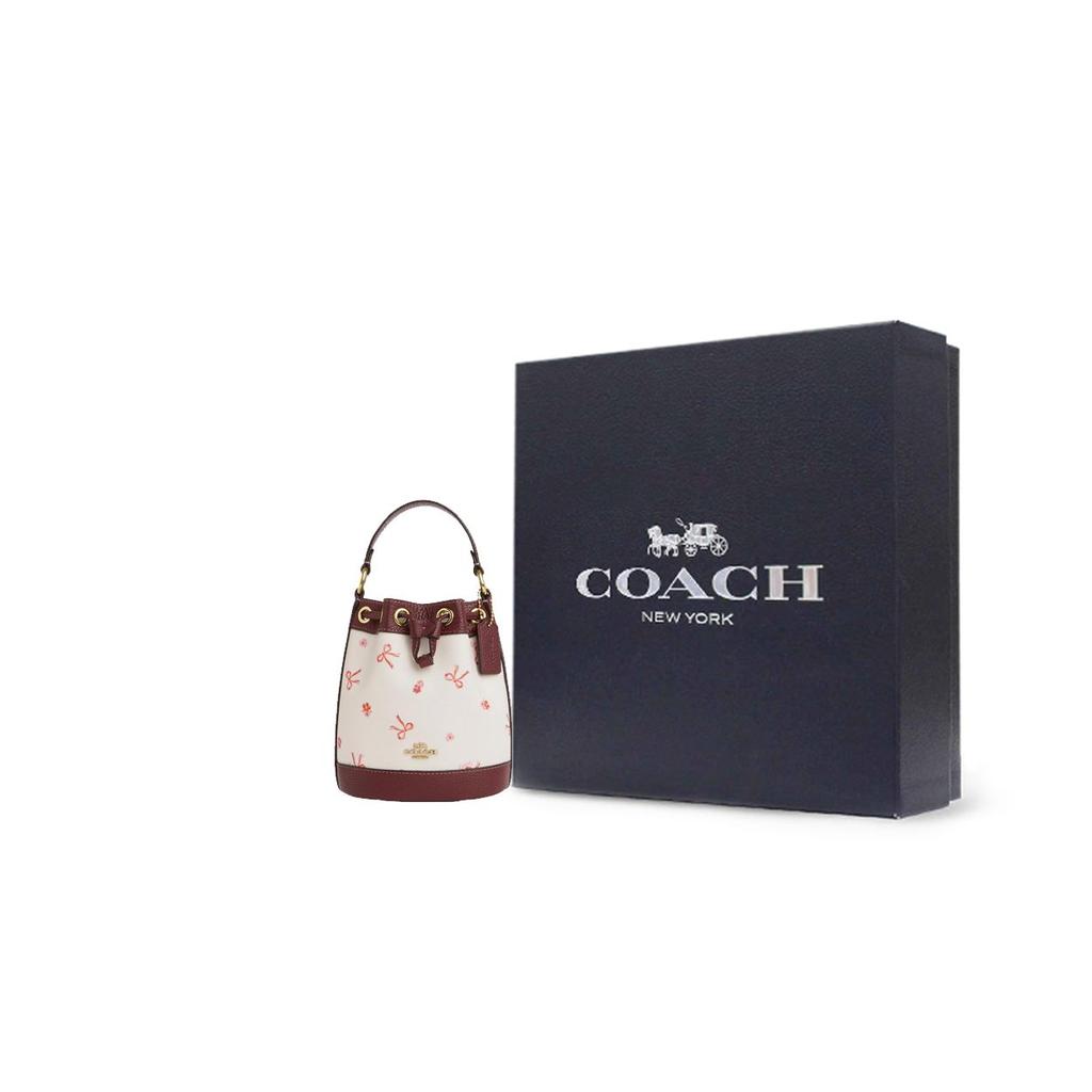 Coach Dempsey Logo de 15 Letras Cierre de Cordón Estampado de Lazo Lona Recubierta Cuero Graneado Bolso Cubo Bolsos de Mujer Blanco Rojo CN707-IMWDA