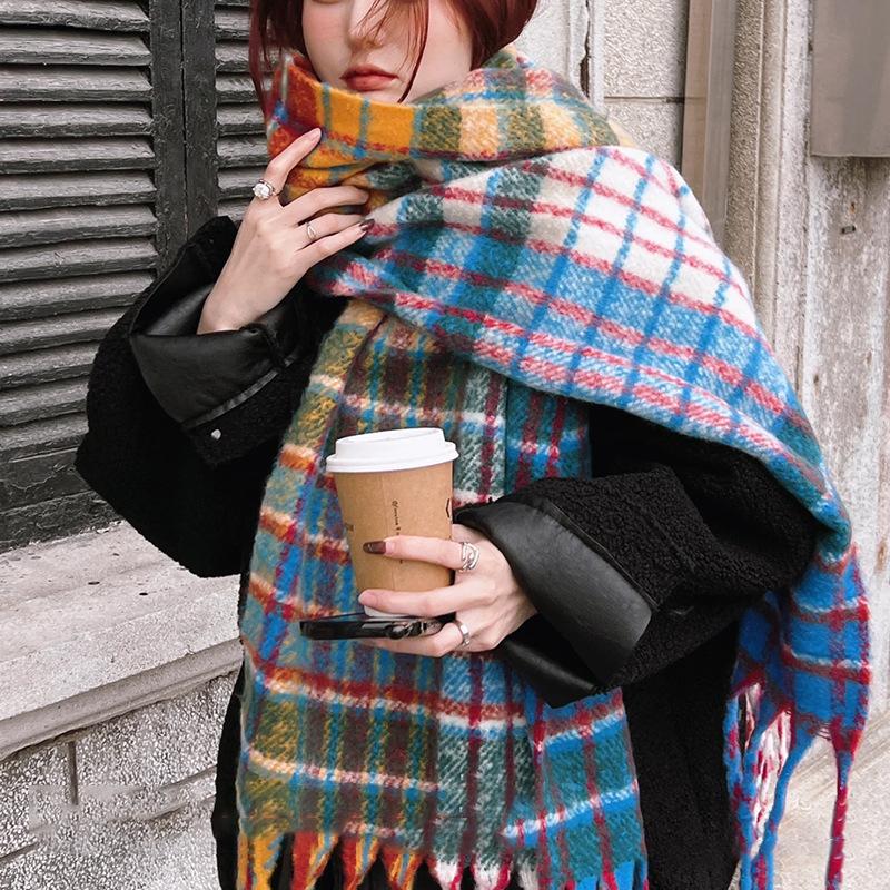 Circle Yarn Premium Sense Rainbow Plaid Scarf Women's Winter Imitation Cashmere Warm Fringed Scarf Long Korean Version Couple