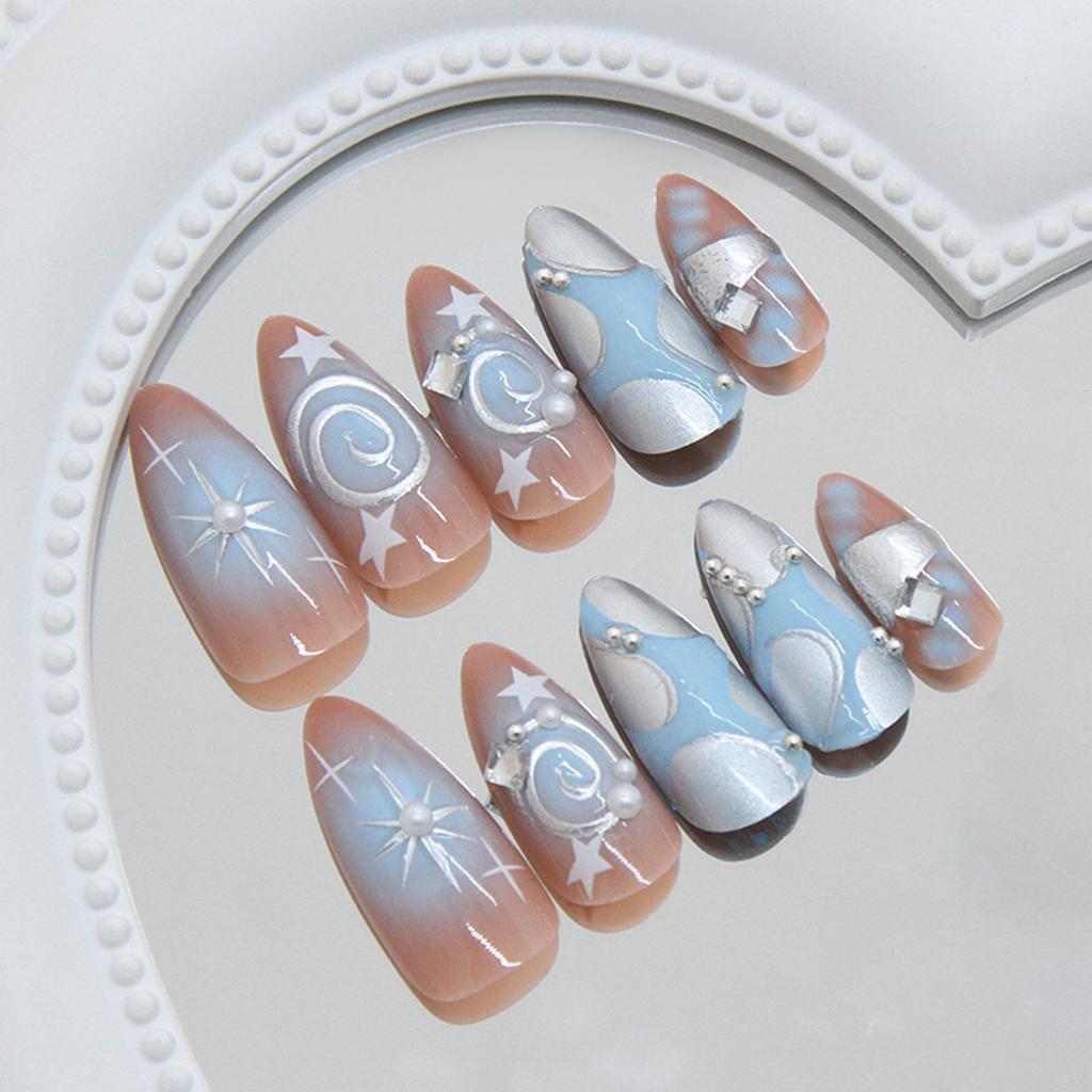 24PCS Blush Blue Fake Nails with Star Printed Chip-Proof Smudge-Proof Fake Nails for Fingernail DIY Decoration