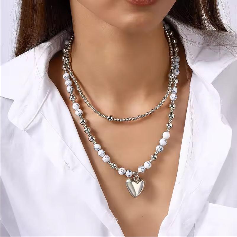 Exaggerated Imitation Pearl Beads Necklace for Women CCB Big Heart Pendant Choker Necklace Jewelry Gift