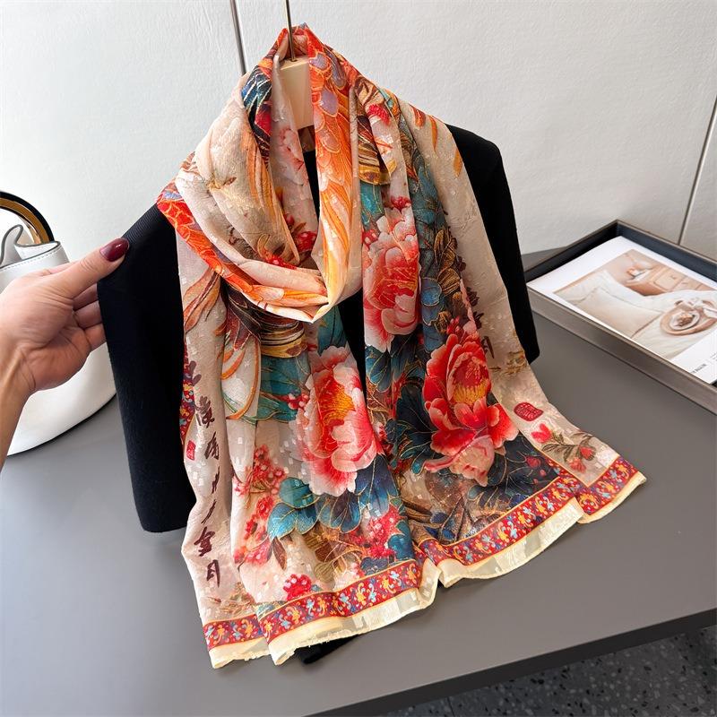 Qizifeng shadow printing cut flower spring and summer silk scarf large long scarf high-end travel shawl sun protection women's scarf headscarf