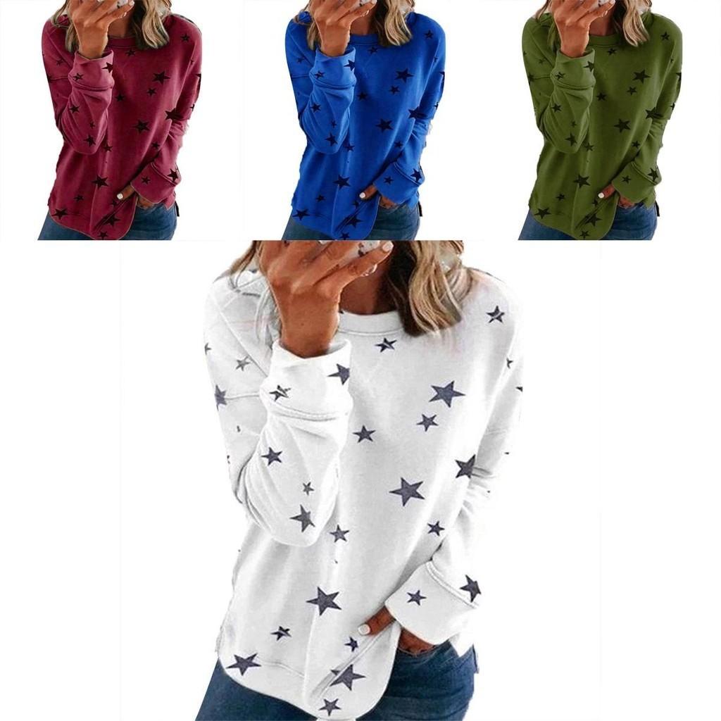 Tunica Casual da Donna Girocollo Manica Lunga con Stampa a Stelle Top Maglietta Camicetta Per Comfort e Stile Quotidiano