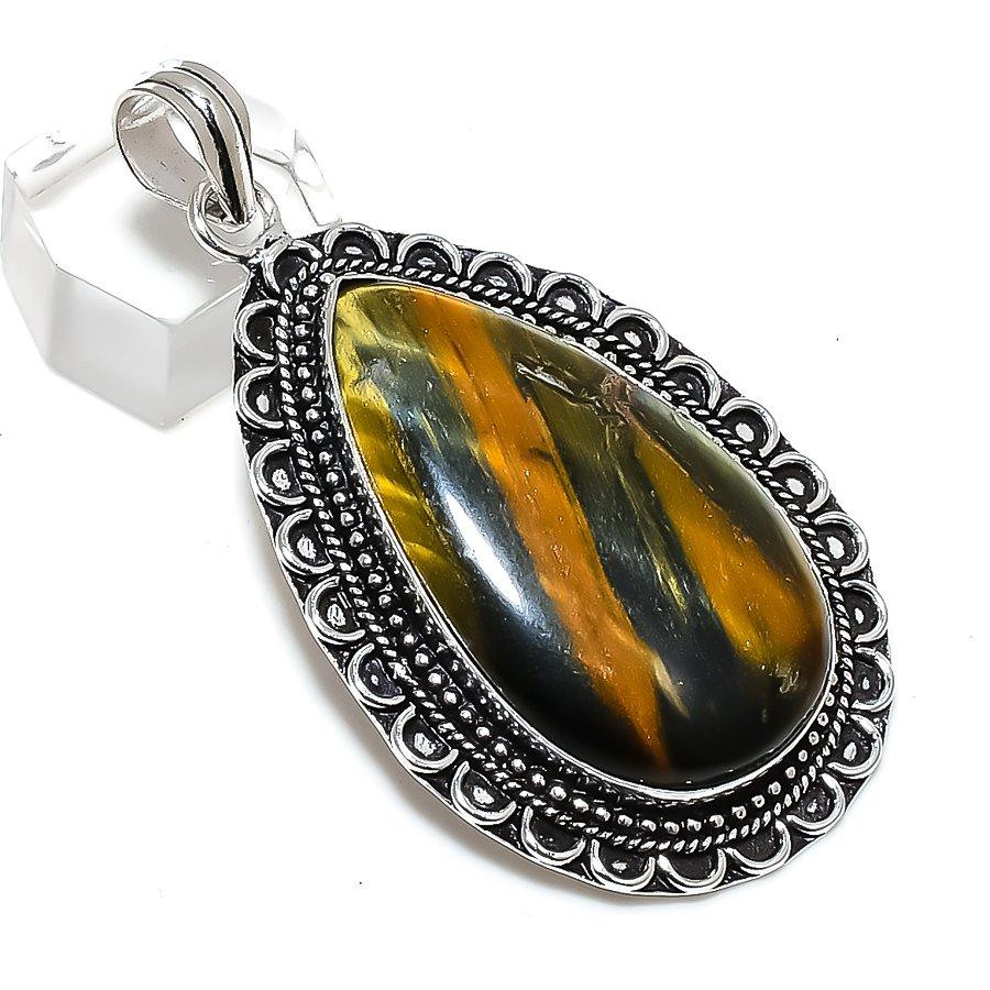 Natural Tiger Eye Gemstone Handmade 925 Sterling Silver Gift Pendant 2.68" N3h37