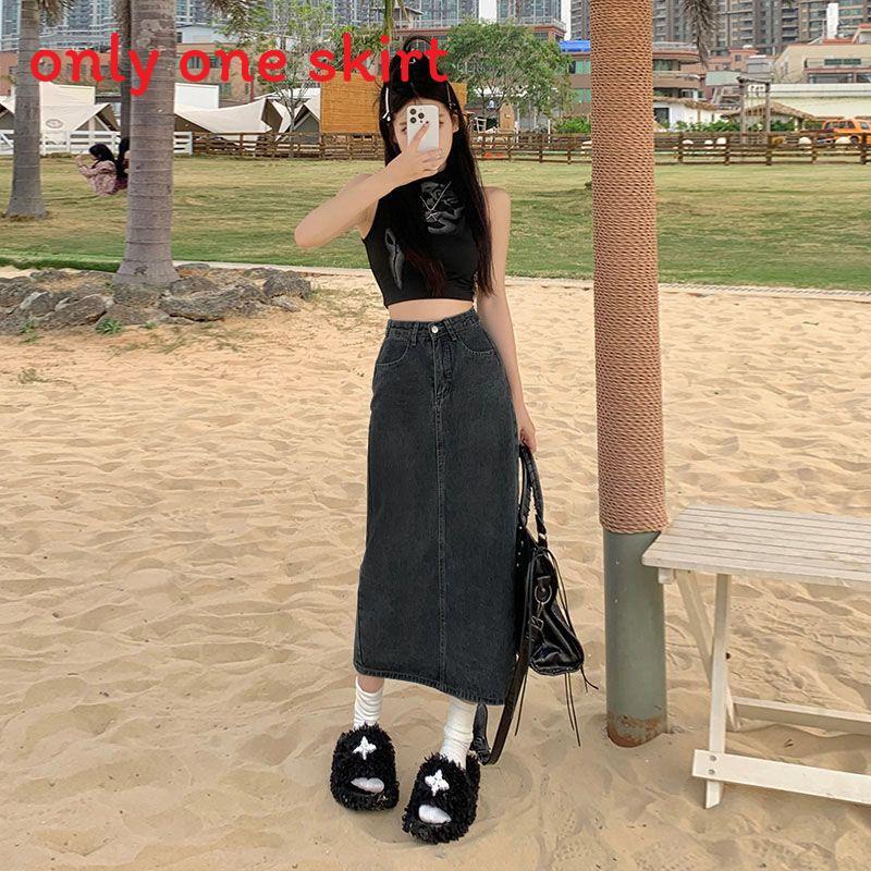 Denim Skirt High Waist Split A Line With Vintage Wash For Summer Casual Wear