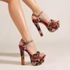 Fashion Mixed Colors Flowers Print Platform Sandals Women Weave Narrow Band Open Toe 14CM Super High Heels Party Banquet Dress Shoes