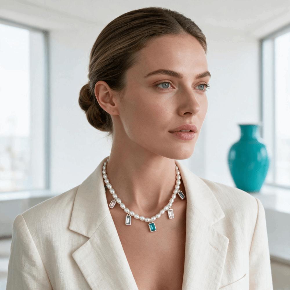 Colorful Pendant Choker Necklace Sparkling Y2K Rhinestone Ring Imitation Pearl Necklace Gift