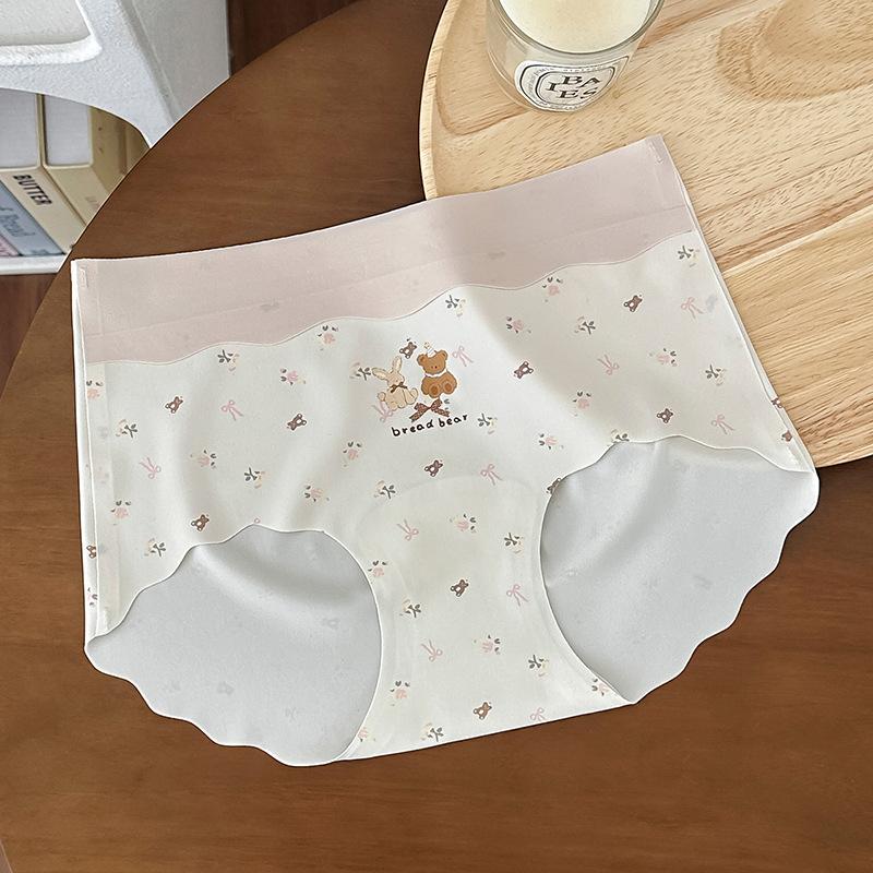 Ladies Summer Bear Print One Piece Ice Silk No Trace 10A Antibacterial Mid Waist Briefs