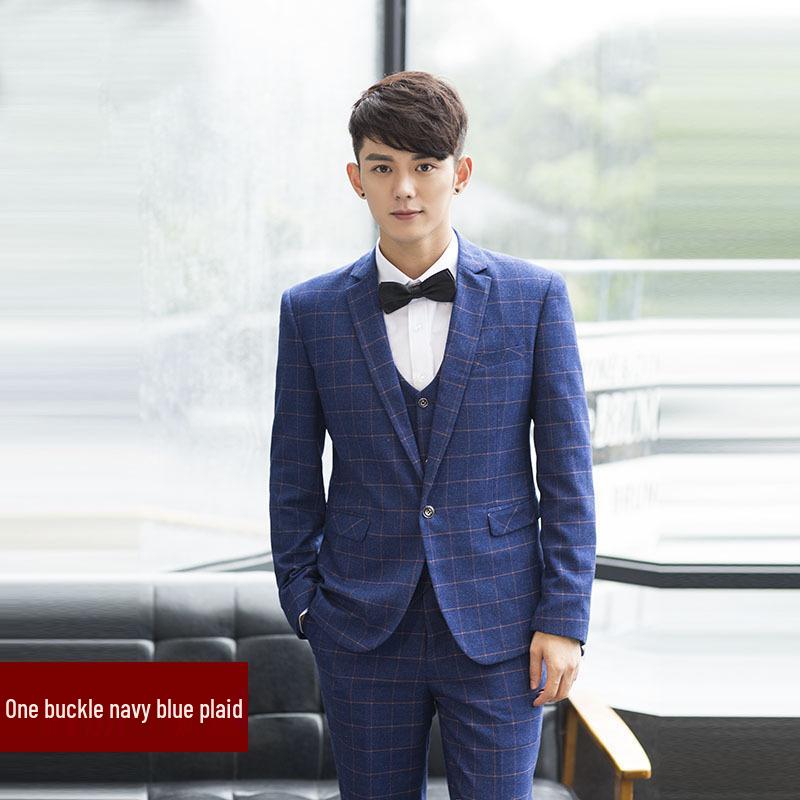 Men's Blue Plaid Slim Fit Blazer & Suit Set - Korean Style Two-Button Casual Tuxedo