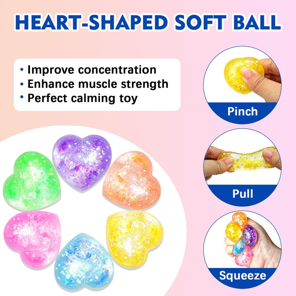 Heart Shaped Stress Relief Toy Set Soft Squeeze Sensory Fidget Toy with Glitter and Star Confetti for Anxiety and Focus Improvement