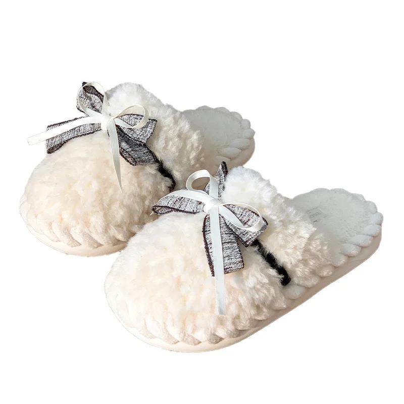 Fashion Casual Fluffy Slippers Women House Fashion Bowknot Designer Shoes Girls Home Popular Winter Warm Elegant Footwear Indoor Flats
