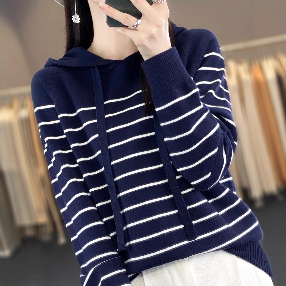 DAFIFY Women's Fashion Casual Fall Winter Stripe Print Long Sleeve Hooded Sweaters