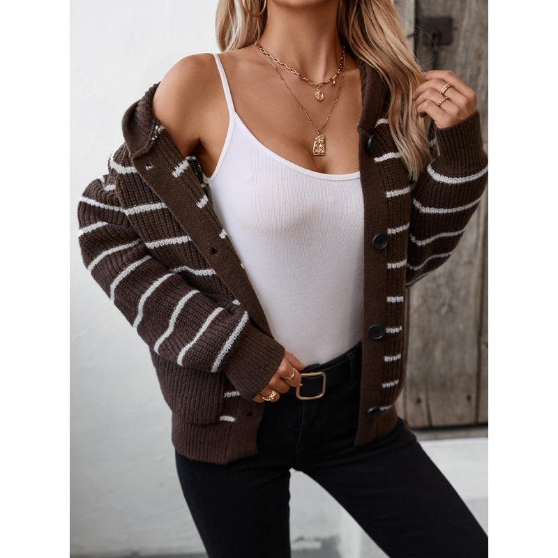Women's Hooded Knitwear Fall/winter Loose Pocket Striped Cardigan Sweater