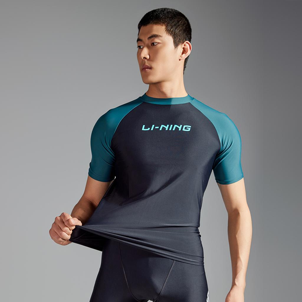Li Ning Swimming Series Color Block Letter Round Neck Pullover Sports Long Sleeve Swimsuit Men Swimsuit Balsam-Green Black ASLT093-2