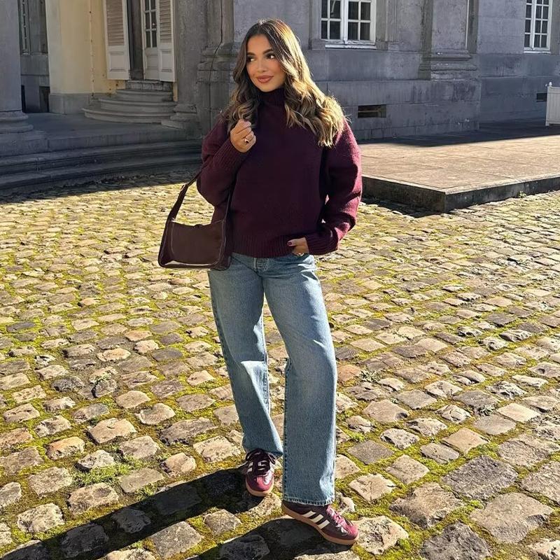 Casual Turtleneck Pullover Women Autumn Winter Dark Red Loose Sweater Female Full Sleeves Solid Color Knitwear Lady All-match Pullovers