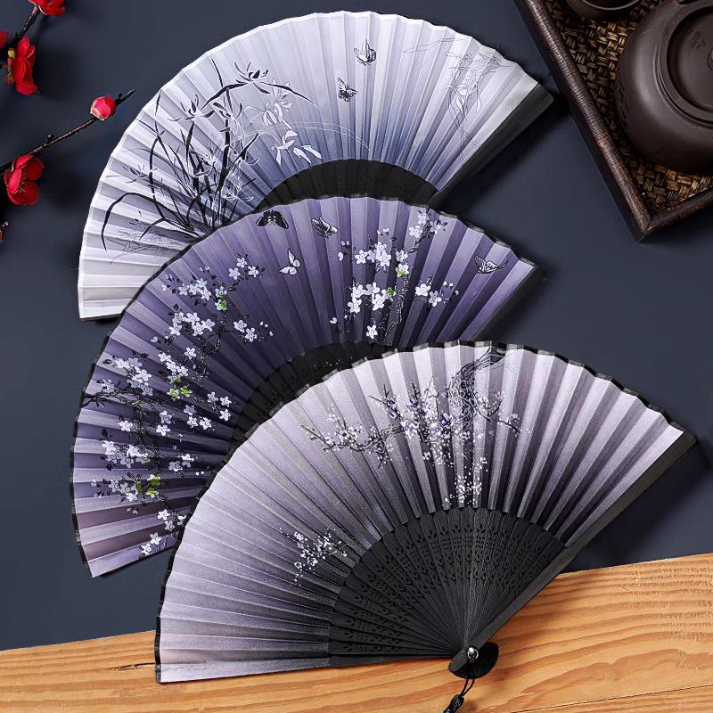 Ancient Chinese Style Black Bamboo Folding Fan for Women's Hanfu Dance Costume